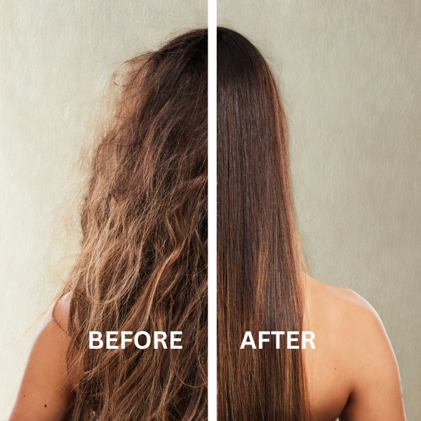 Before and after comparison of hair treatment on a person with a neutral background