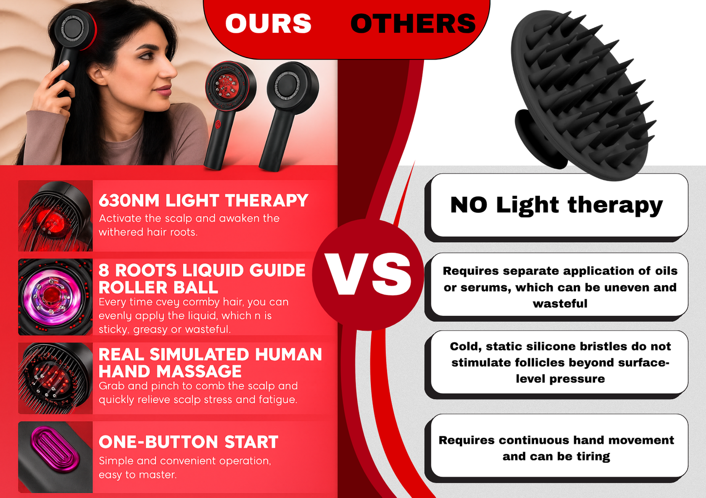 Comparison chart between a hair care product and competitors, highlighting features like light therapy and massage.