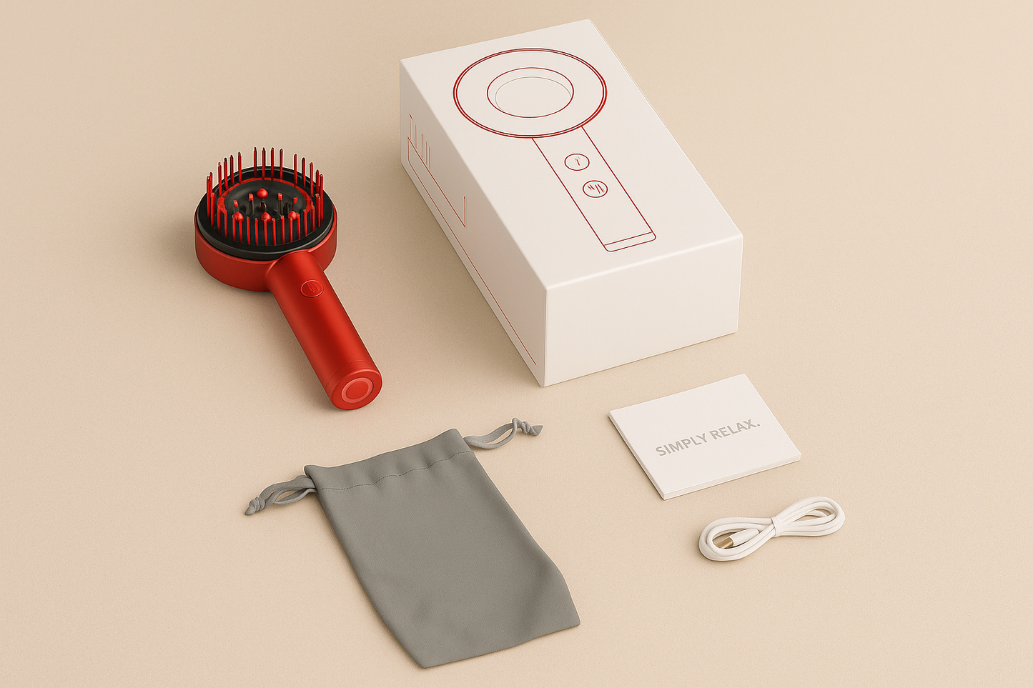Red hair styling tool with packaging, gray pouch, and white card on beige background