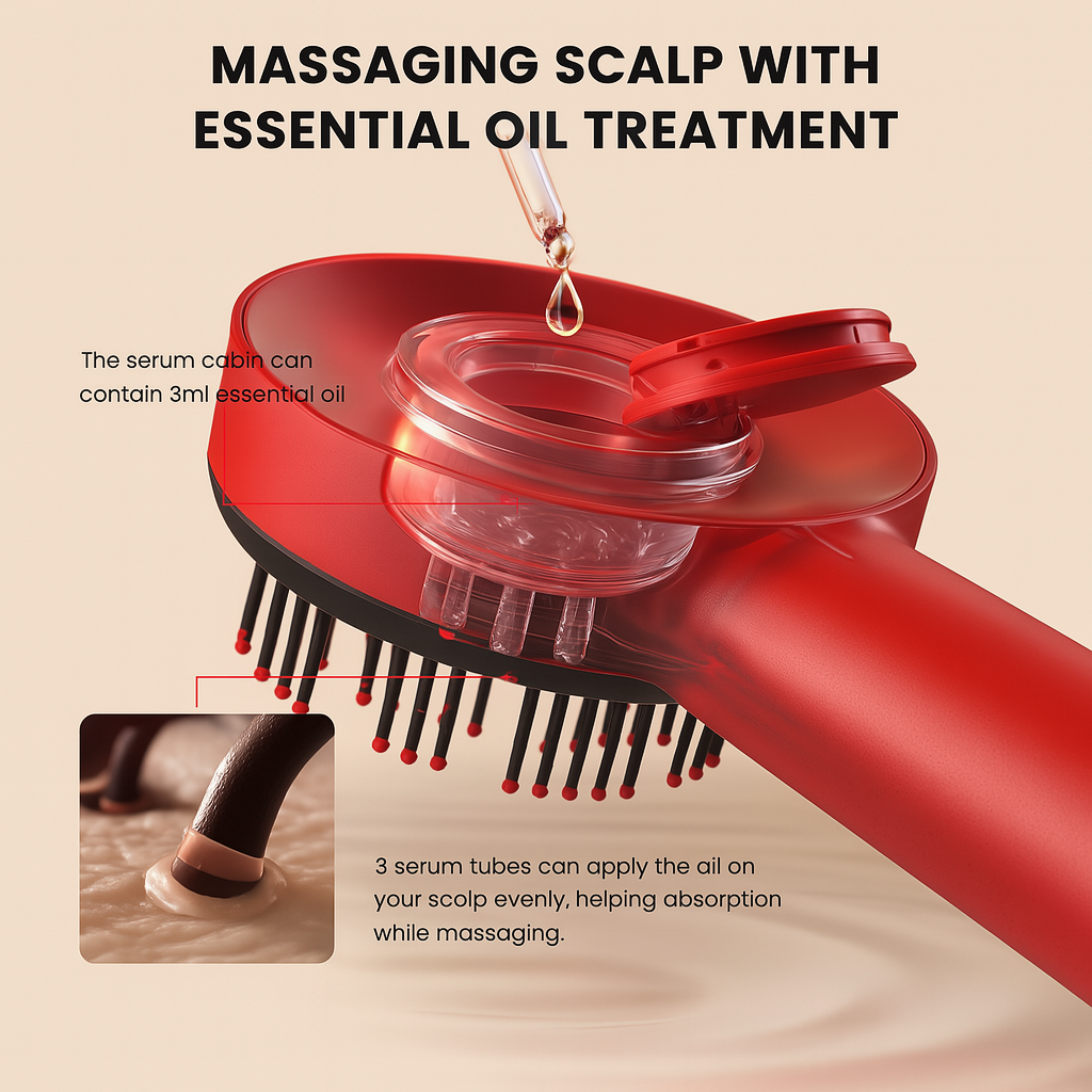 Red scalp massager with essential oil treatment on a beige background