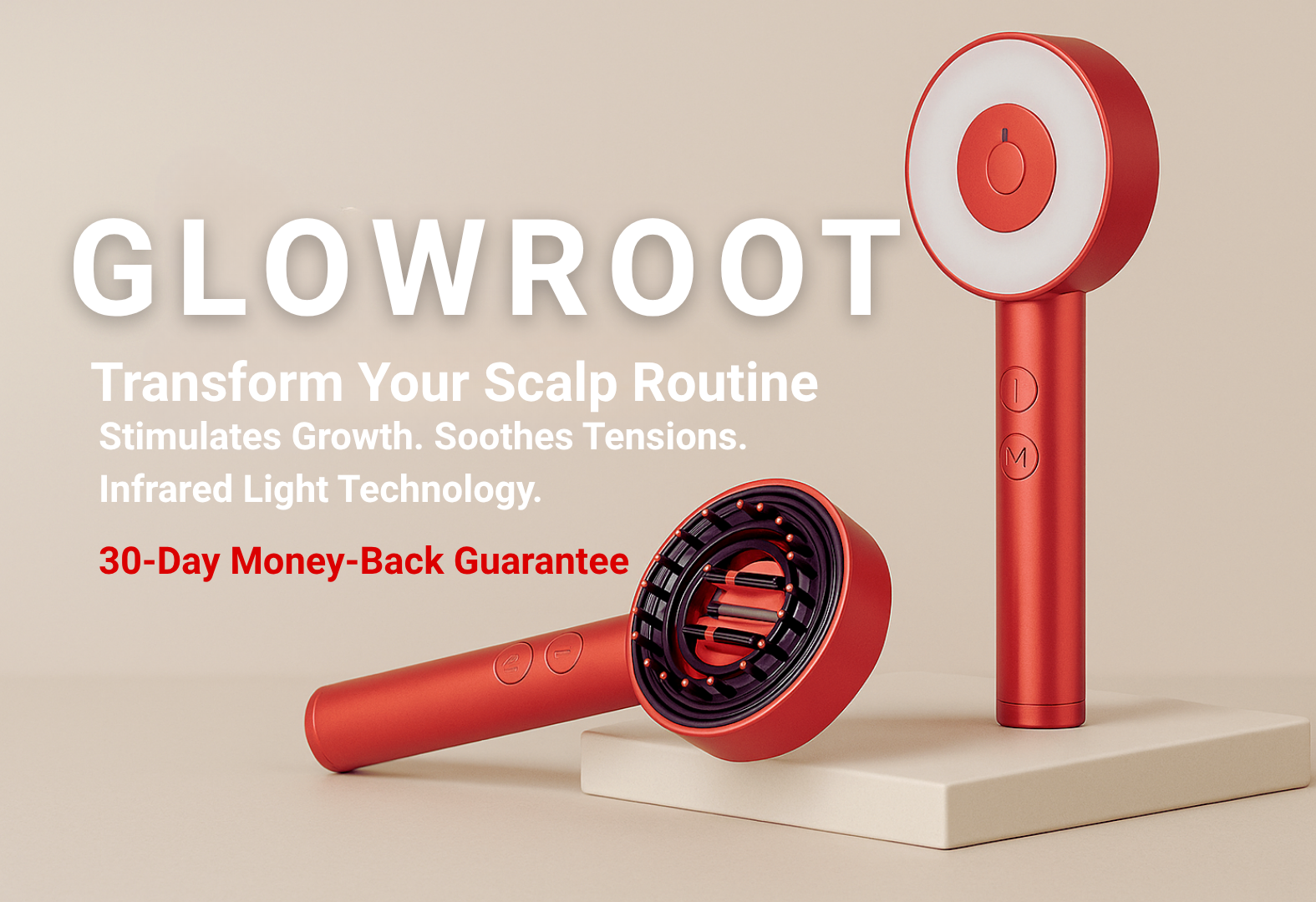 Red scalp care device with 'GLOWROOT' branding on a beige background