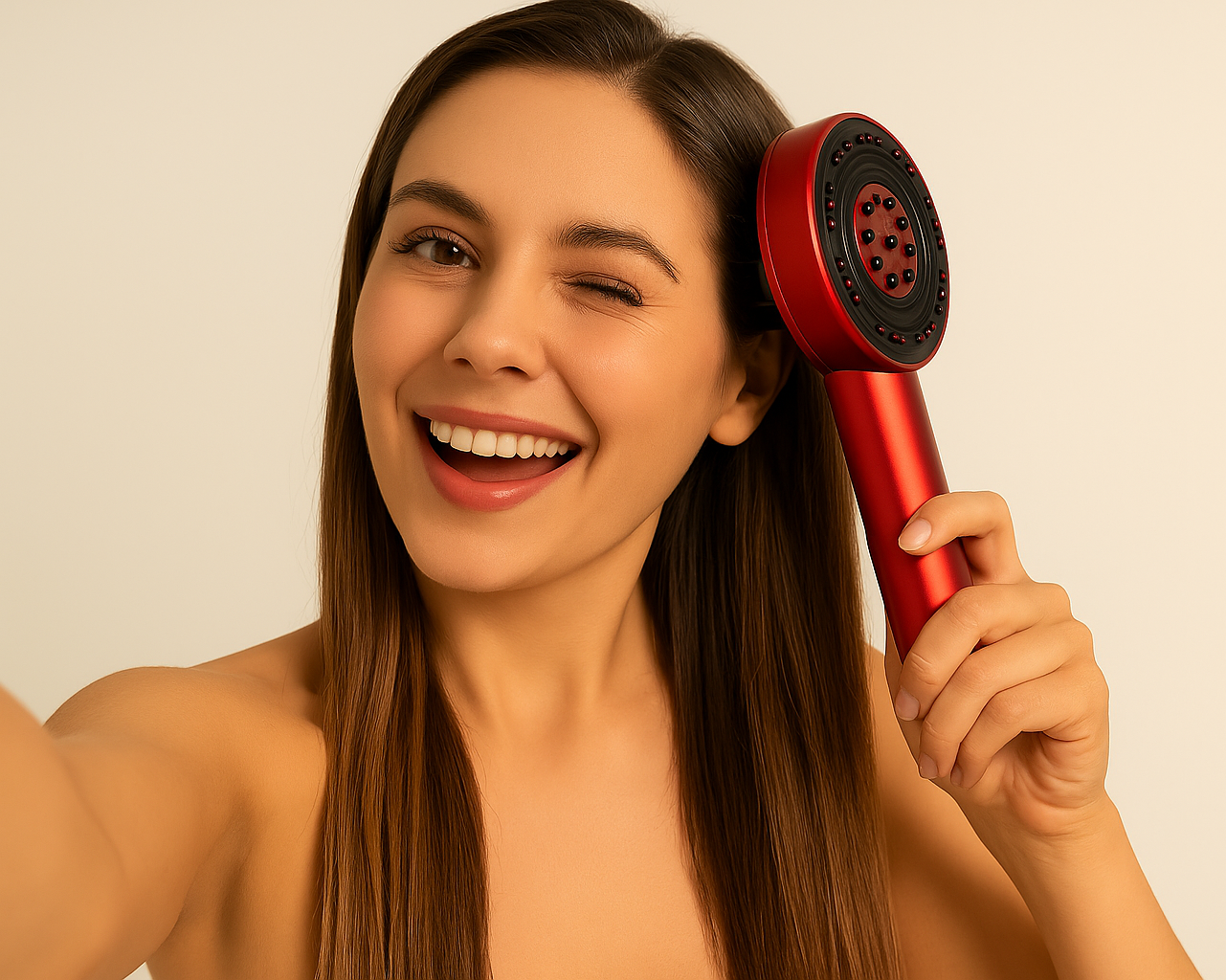 woman holding infrared scalp massager, electric scalp massager