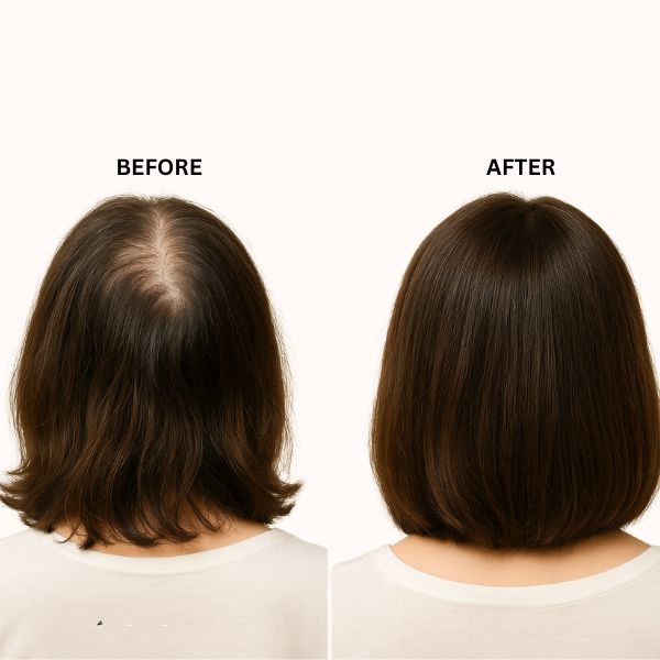 Before and after comparison of hair treatment on a person's head.