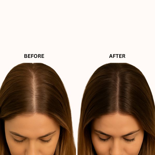 Before and after comparison of a woman's hair on a white background