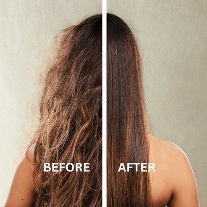 Before and after comparison of hair treatment on a person with a neutral background