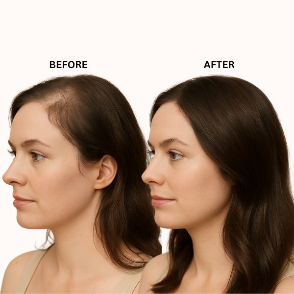Before and after comparison of a woman's hairline with 'Before' on the left and 'After' on the right.