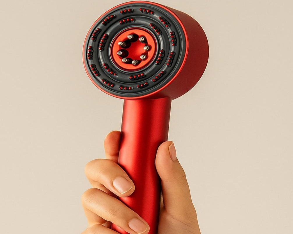 red infrared scalp massager held in hand
