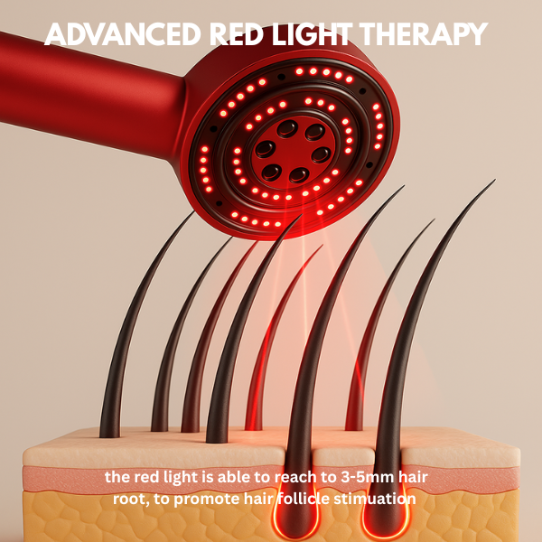 Red light therapy device with hair follicles and text on a beige background