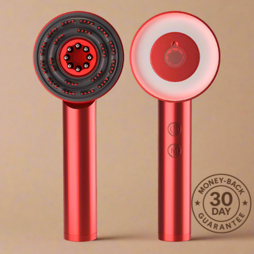 Red handheld device with black nozzle on a beige background, featuring a money-back guarantee badge.