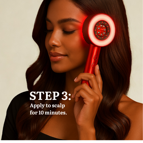 Woman using a red hair care device on her scalp with text indicating step 3 of a process.