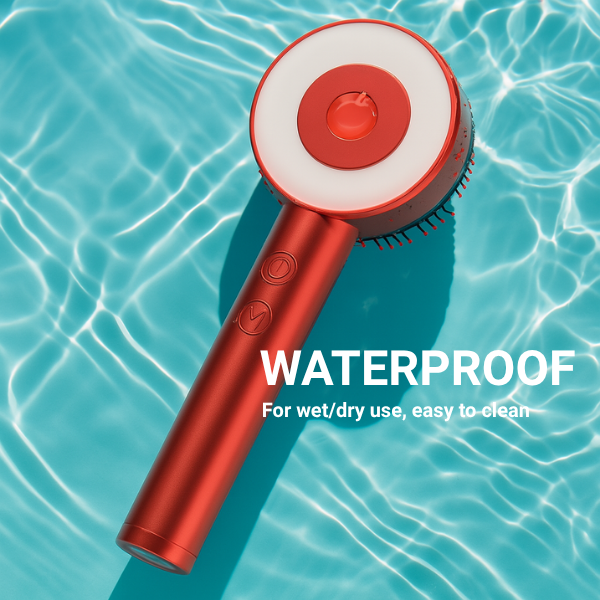 red infrared scalp massage device submerged in water, waterproof technology