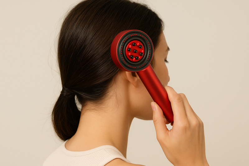 Person using a red handheld device on their head against a plain background